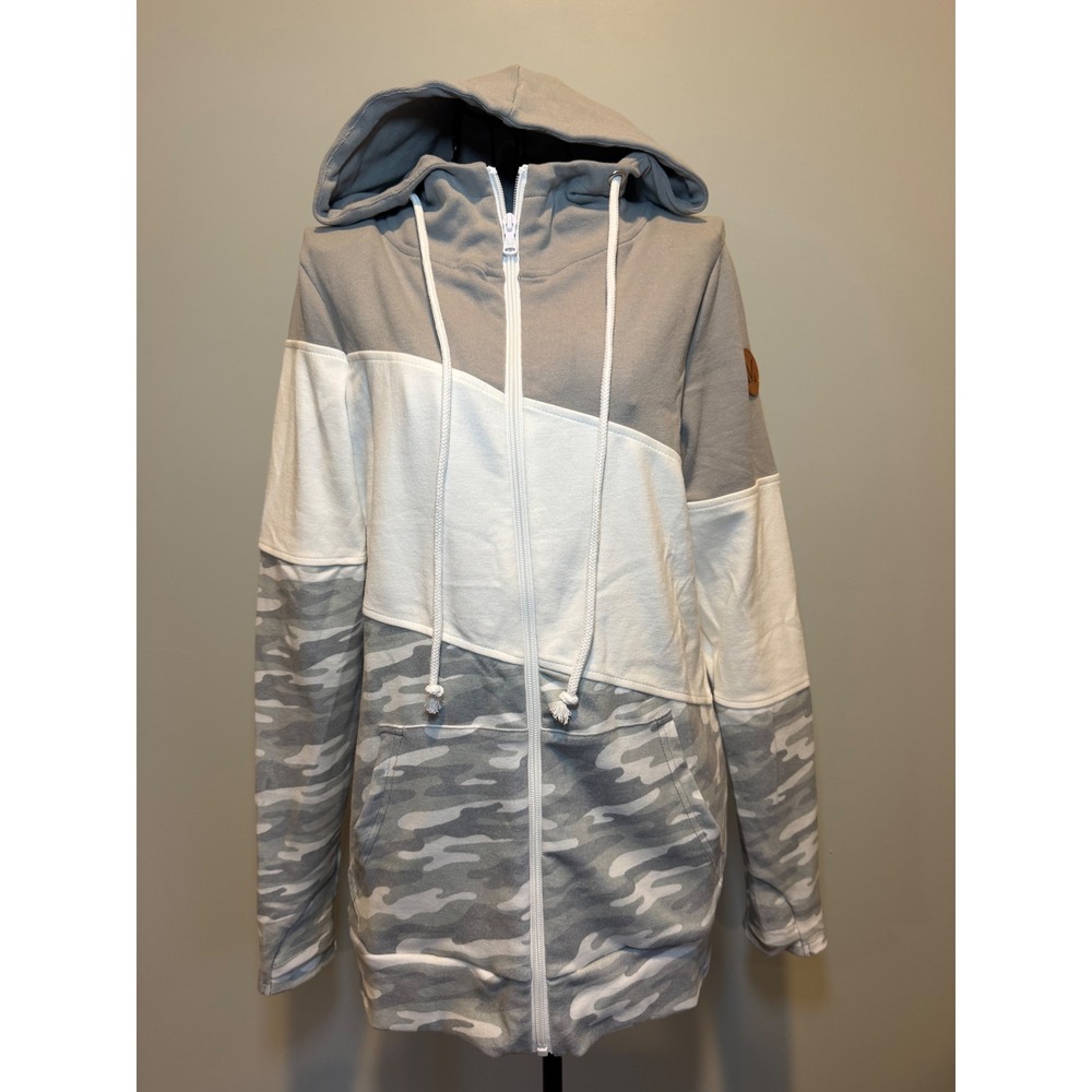 Michelle Mae Womens XS Grey Camo Colorblock Full Zip Hoodie Sweatshirt NWT